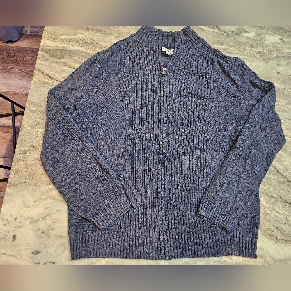 Calvin Klein Full Zip Sweater Men’s Large Gray 100% Cotton Ribbed Knit